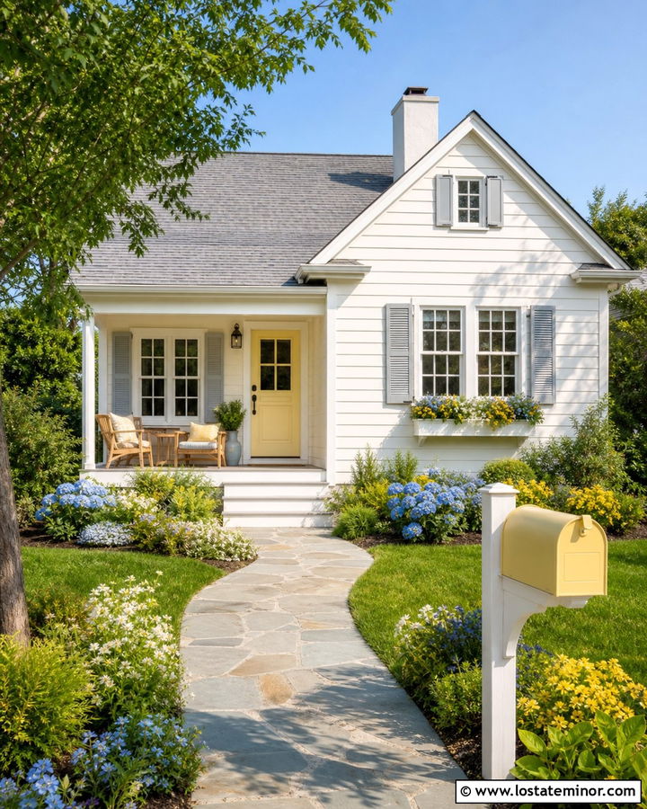 White Cottage With Yellow Mailbox - 30 White House Design With Mailbox Ideas
