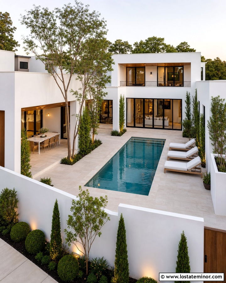 White Courtyard House With Private Swimming Pool - 30 White House Design With Swimming Pool Ideas