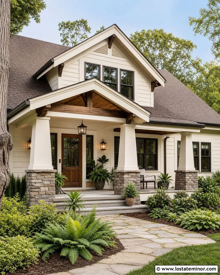 White Craftsman House With Bronze Lanterns - 30 White House Design With Light Fixtures Ideas