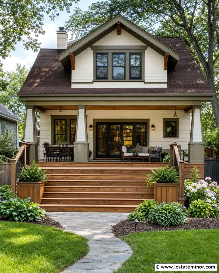 White Craftsman House With Cedar Backyard Deck - 30 White House Design With Backyard Ideas
