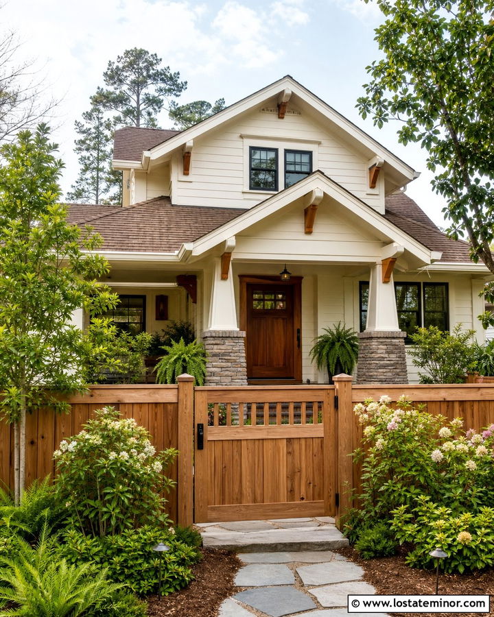 White Craftsman House With Cedar Fence - 30 White House Design With Fence Ideas