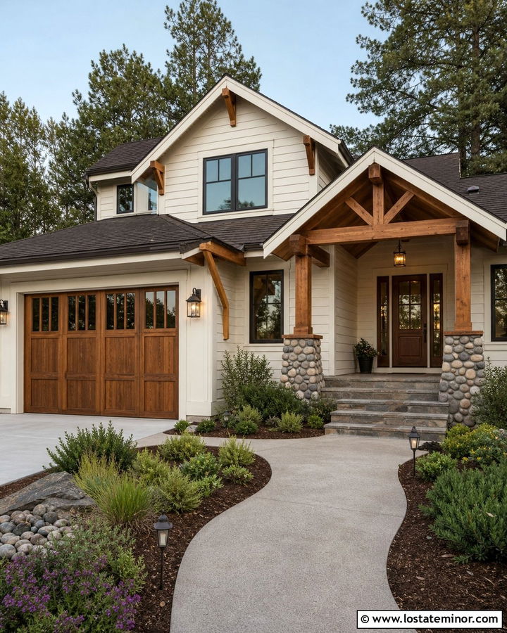 White Craftsman House With Cedar Garage Door - 30 White House Design With Garage Door Ideas