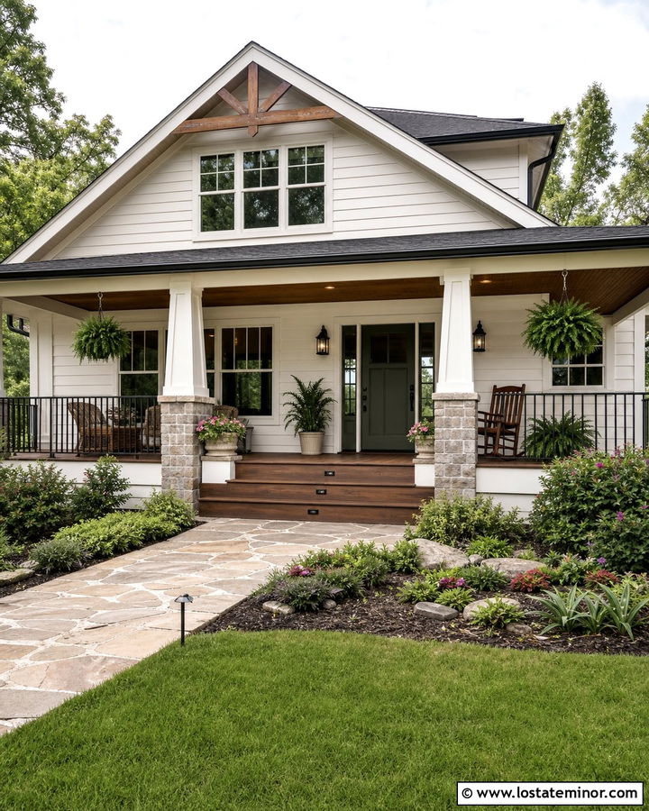 White Craftsman House With Covered Deck - 30 White House Design With Deck Ideas