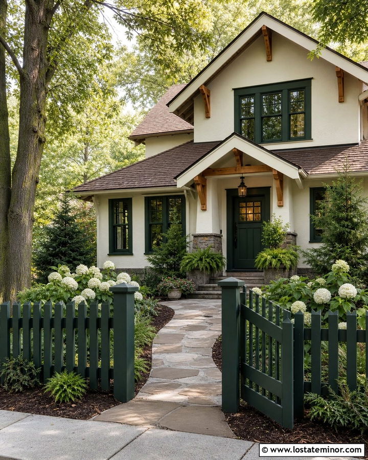 White Craftsman House With Dark Green Fence - 30 White House Design With Fence Ideas