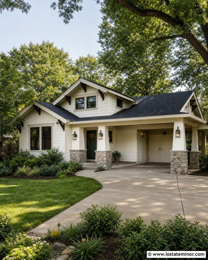 White Craftsman House With Double Carport - 30 White House Design With Carport Ideas