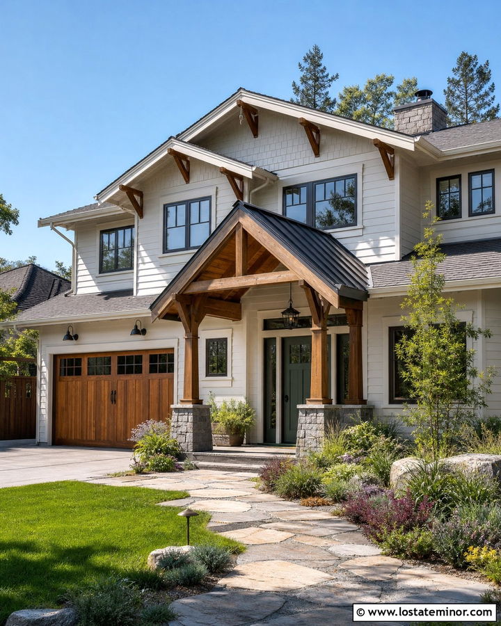 White Craftsman House With Gable Awning - 30 White House Design With Awning Ideas
