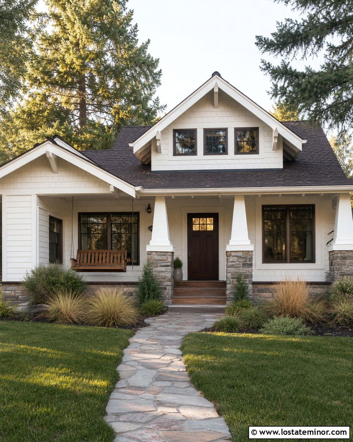 White Craftsman House With Mission Porch Swing - 30 White House Design With Swing Ideas