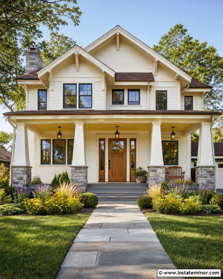 White Craftsman House With Pale Yellow Porch Ceiling - 30 White House Design With Porch Ceiling Ideas