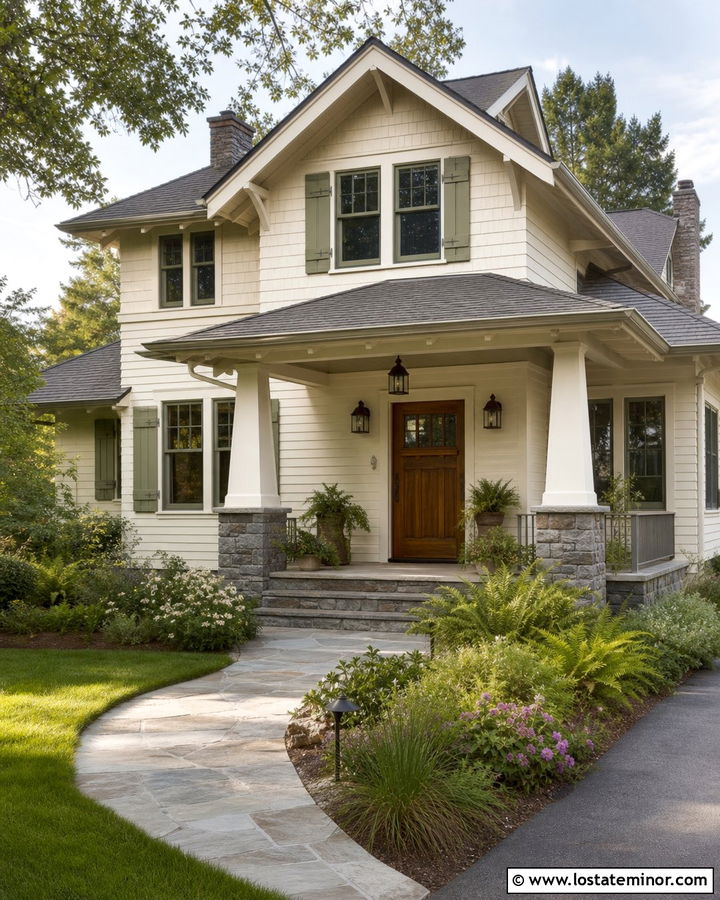 White Craftsman House With Sage Green Shutters - 30 White House Design With Shutters Ideas