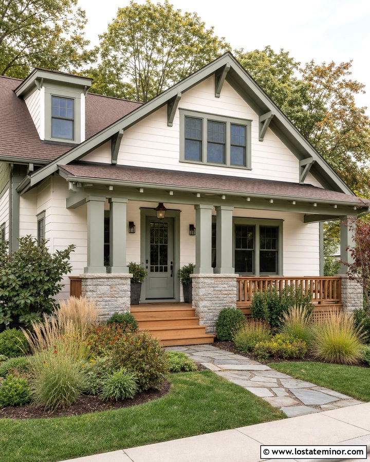 White Craftsman House With Sage Green Trim - 30 White House Design With Trim Ideas