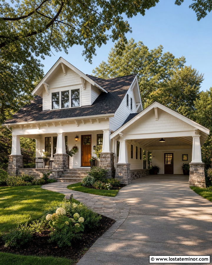 White Craftsman House With Stone Carport Columns - 30 White House Design With Carport Ideas