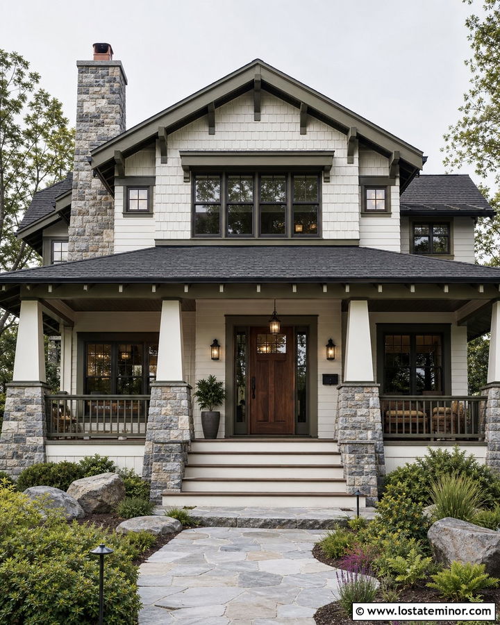 White Craftsman House With Stone Chimney - 30 White House Design With Chimney Ideas