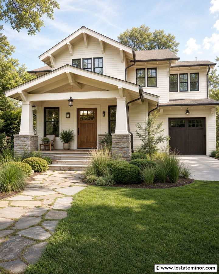White Craftsman House With Stone Column Portico - 30 White House Design With Portico Ideas