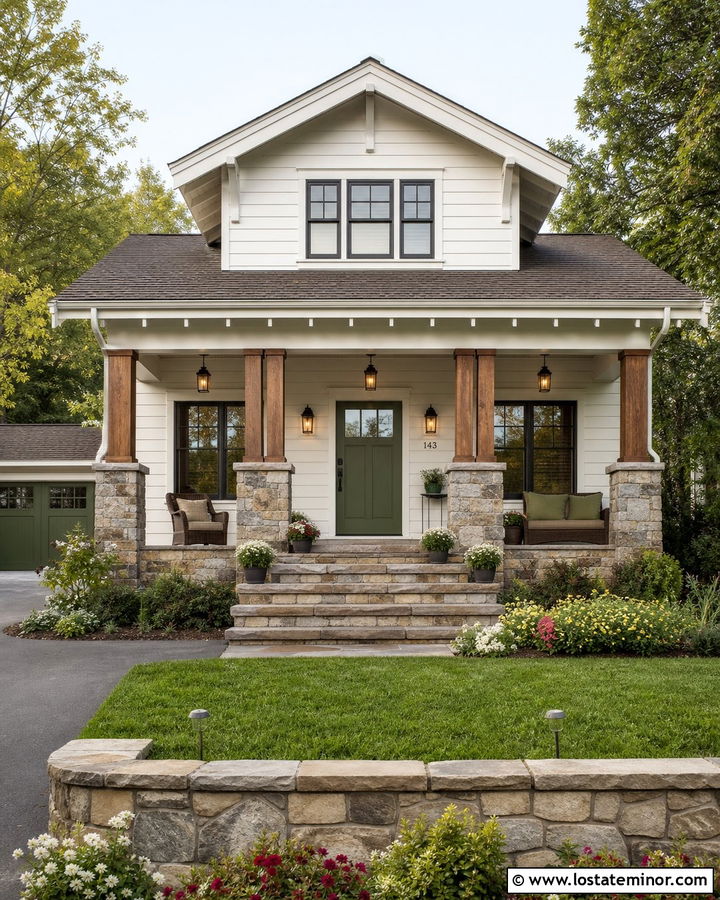 White Craftsman House With Stone Columns - 30 White House Design With Stone Accents Ideas