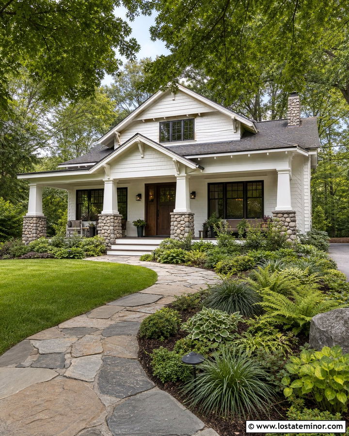 White Craftsman House With Stone Path - 30 White House Design With Front Yard Ideas