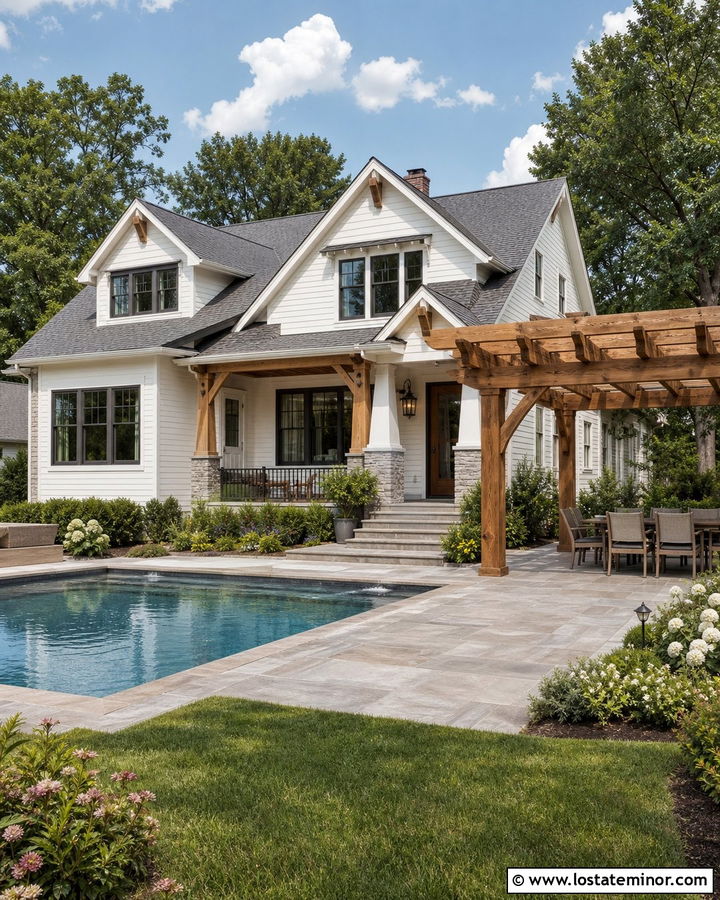 White Craftsman House With Swimming Pool And Pergola - 30 White House Design With Swimming Pool Ideas