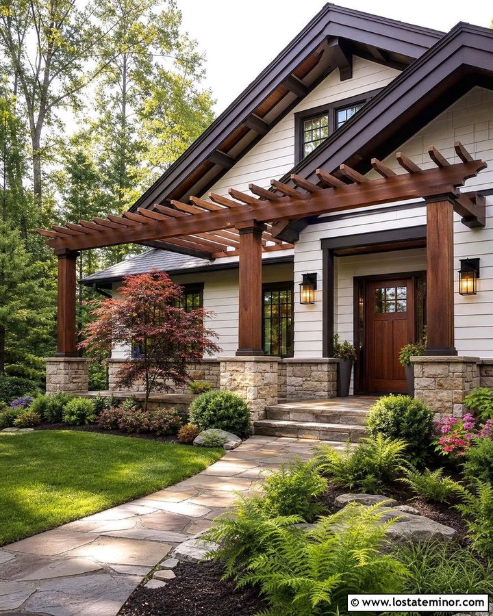 White Craftsman House With Timber Pergola - 30 White House Design With Pergola Ideas
