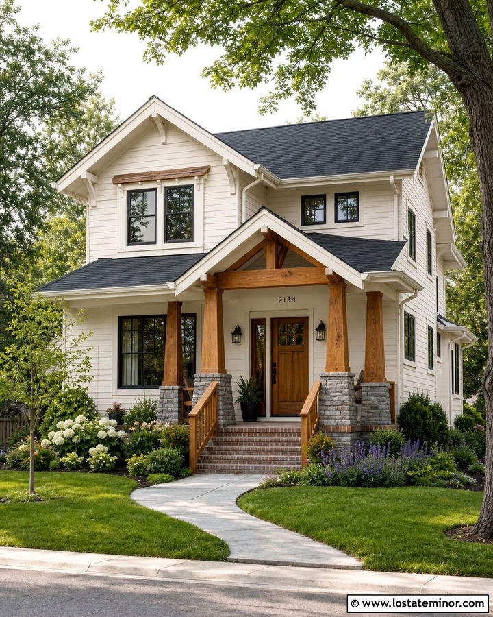 White Craftsman House With Wood Front Porch - 30 White House Design With Front Porch Ideas