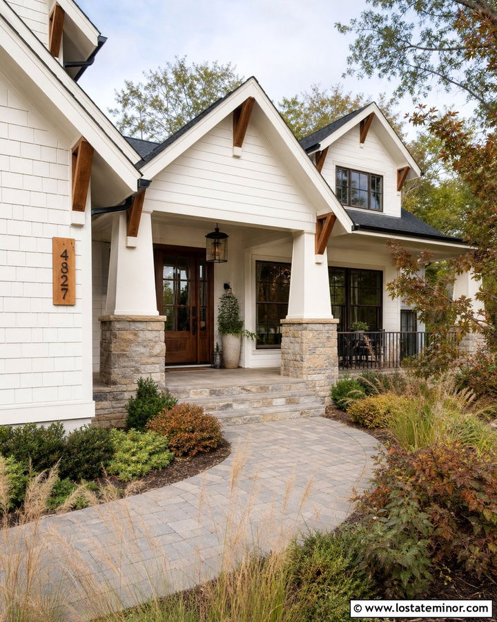 White Craftsman House With Wood Number Sign - 30 White House Design With House Numbers Ideas