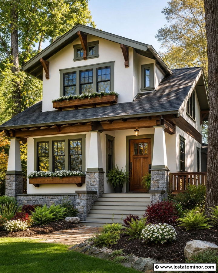 White Craftsman House With Wood Window Boxes - 30 White House Design With Window Boxes Ideas