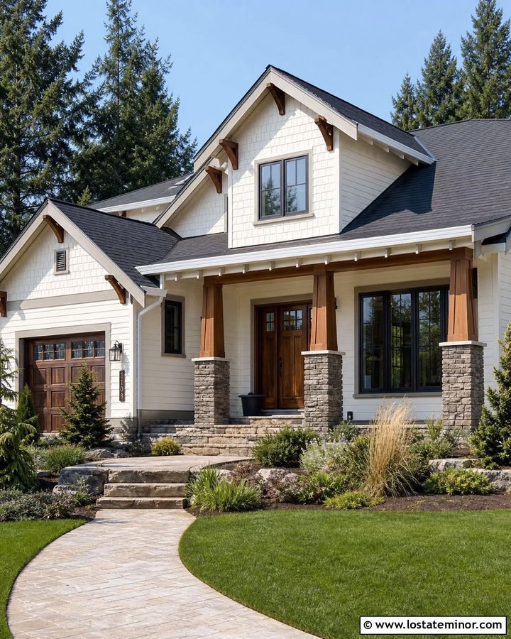 White Craftsman Siding With Stone Columns - 30 White House Design With Siding Ideas
