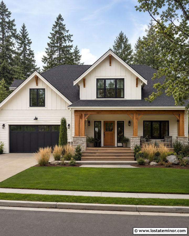 White Craftsman With Black Frames And Cedar Accents - 30 White House Design With Window Frames Ideas