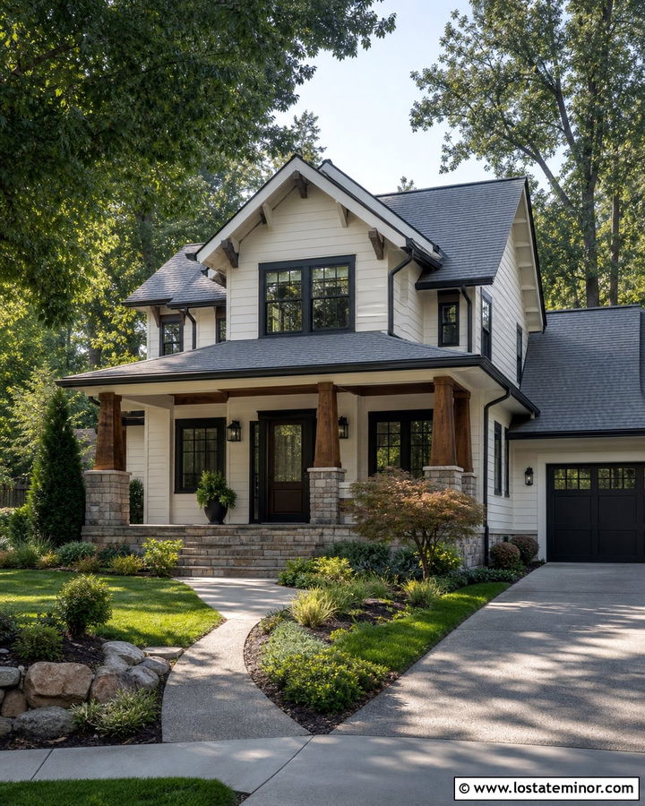 White Craftsman With Black Storm Door And Stone Porch - 30 White House Design With Storm Door Ideas