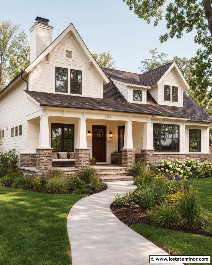 White Craftsman With Brick Foundation - 30 White House Design With Brick Accents Ideas