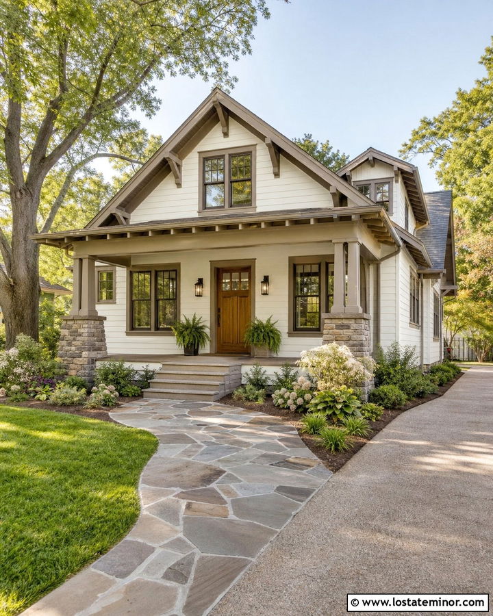 White Craftsman With Flagstone Walkway - 30 White House Design With Walkway Ideas