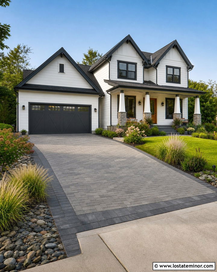 White Craftsman With Permeable Paver Driveway - 30 White House Design With Driveway Ideas