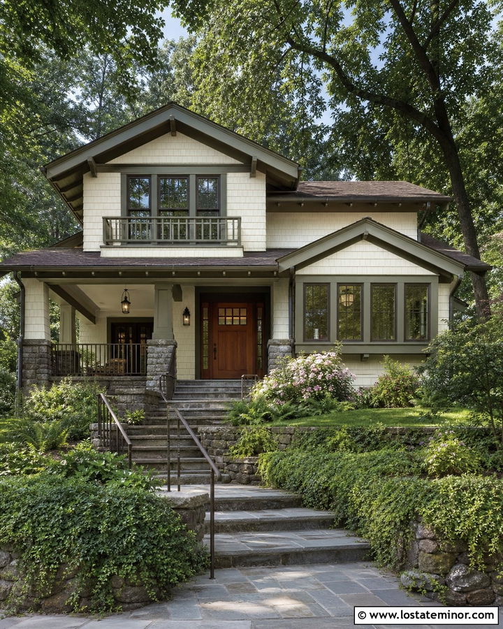 White Craftsman With Raised Stone Walkway - 30 White House Design With Walkway Ideas