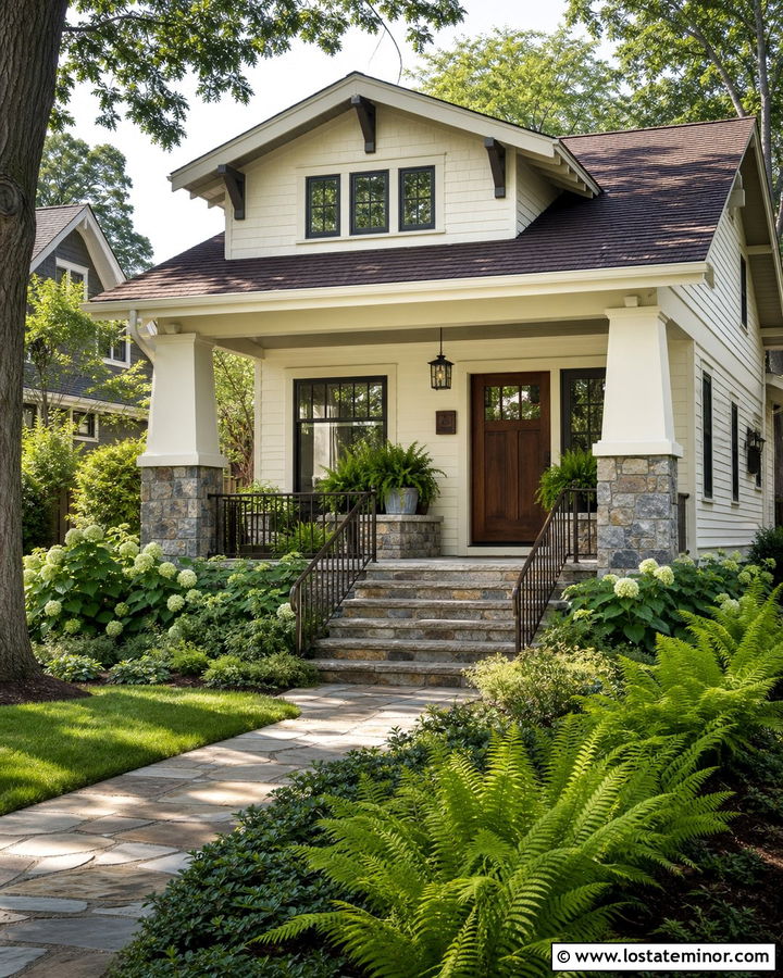 White Craftsman With Stone Steps - 30 White House Design With Steps Ideas
