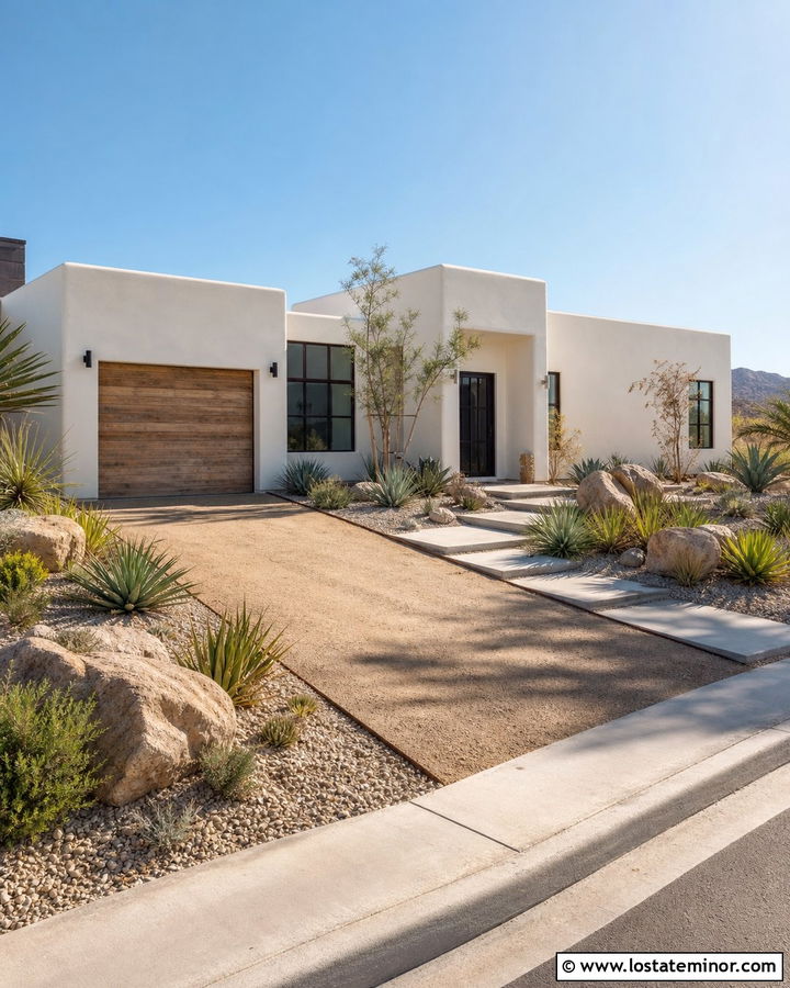 White Desert House With Decomposed Granite Driveway - 30 White House Design With Driveway Ideas