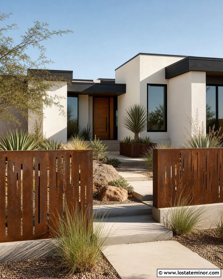 White Desert House With Rusted Steel Fence - 30 White House Design With Fence Ideas