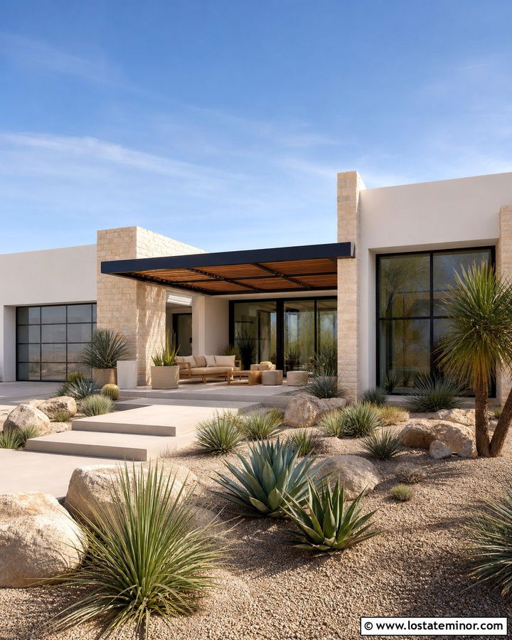 White Desert House With Shade Pergola - 30 White House Design With Pergola Ideas