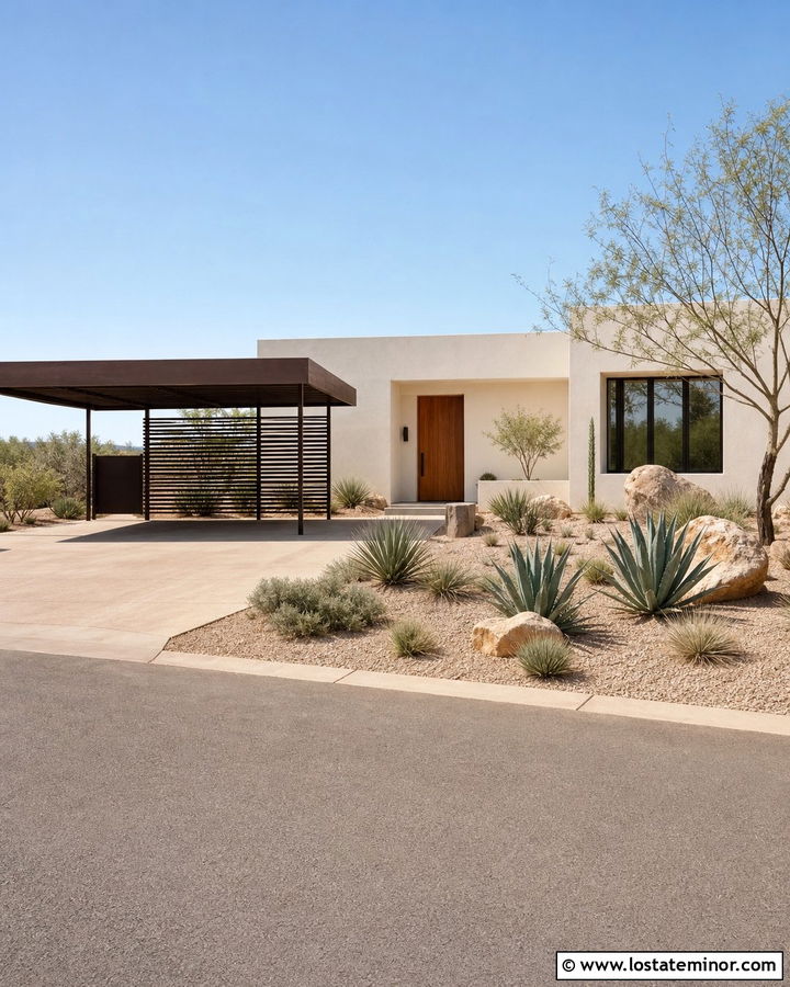 White Desert House With Steel Carport - 30 White House Design With Carport Ideas
