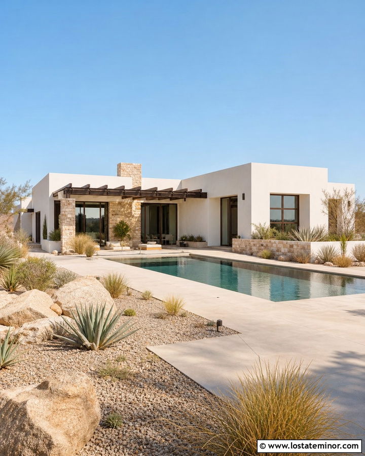 White Desert House With Swimming Pool And Gravel Landscaping - 30 White House Design With Swimming Pool Ideas