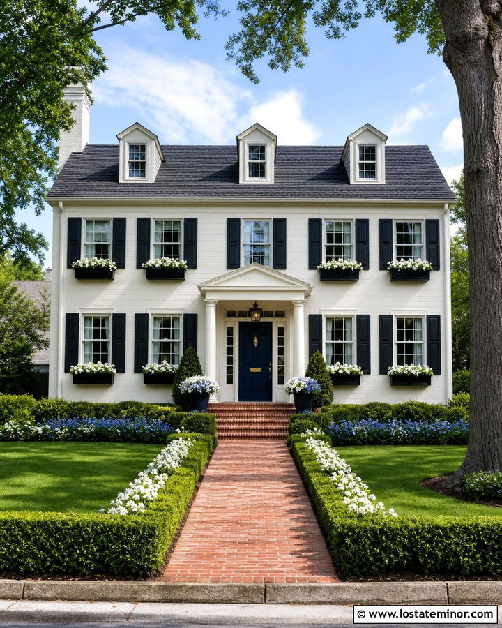 White Dove Colonial With Black Window Boxes - 30 Warm White House Design With Window Boxes Ideas