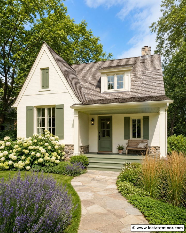 White Duck Cottage With Green Front Porch - 30 Warm White House Design With Front Porch Ideas