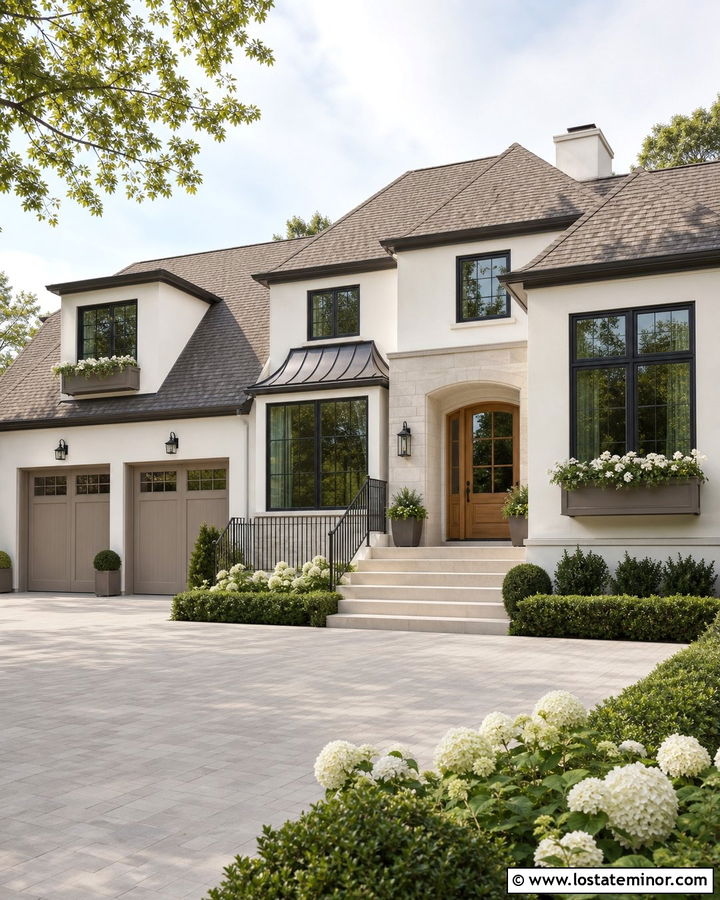 White Duck Transitional House With Taupe Window Boxes - 30 Warm White House Design With Window Boxes Ideas