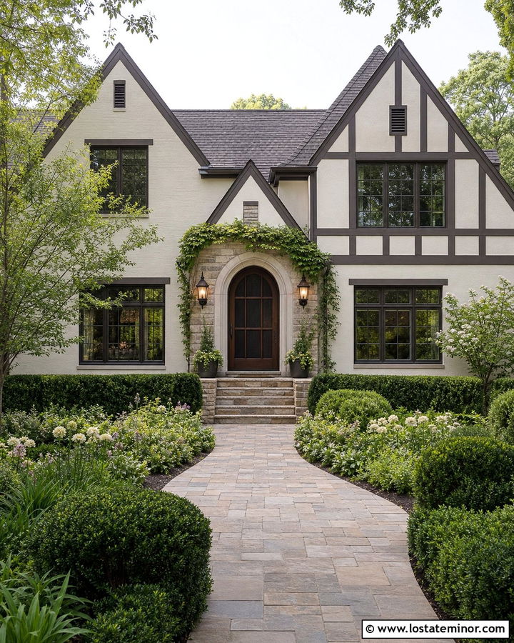 White Duck Tudor With Arched Screen Door - 30 Warm White House Design With Screen Door Ideas