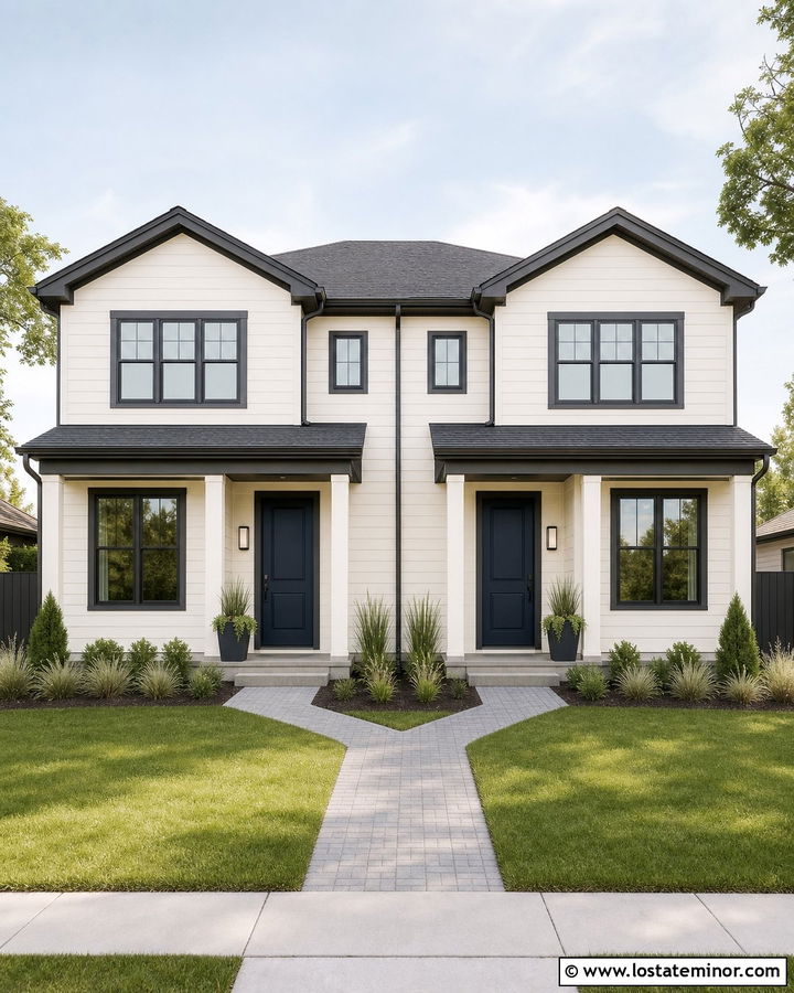 White Duplex With Divided Front Walkway - 30 White House Design With Walkway Ideas