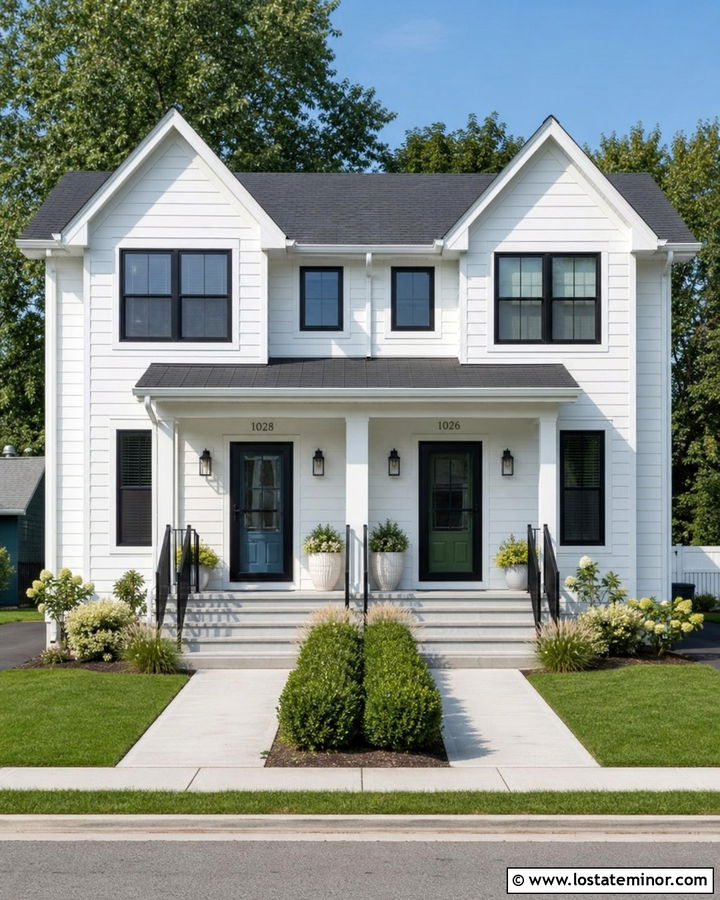 White Duplex With Matching Black Storm Doors - 30 White House Design With Storm Door Ideas