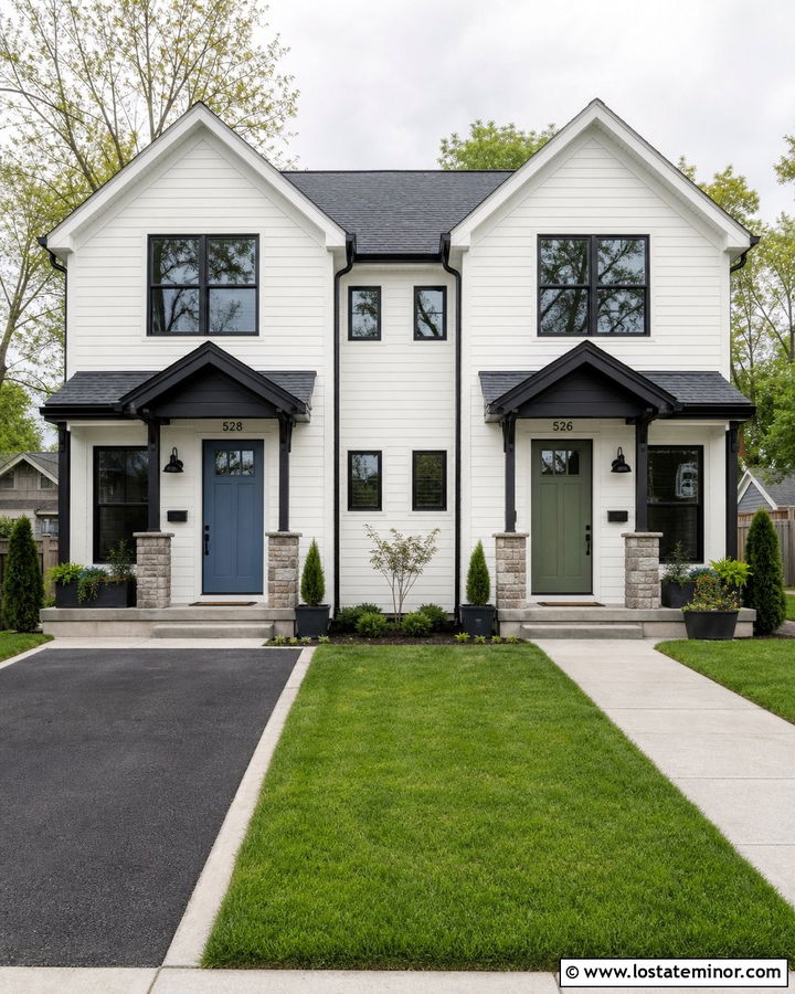 White Duplex With Matching Entry Awnings - 30 White House Design With Awning Ideas