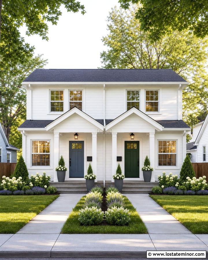 White Duplex With Matching Porticos - 30 White House Design With Portico Ideas