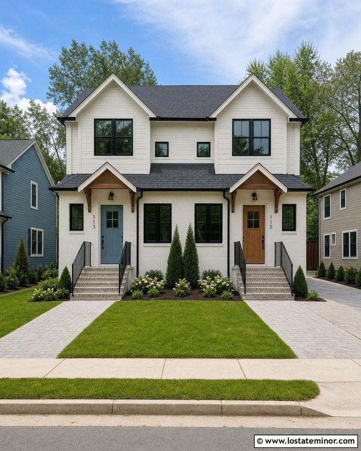 White Duplex With Separate Front Steps - 30 White House Design With Steps Ideas