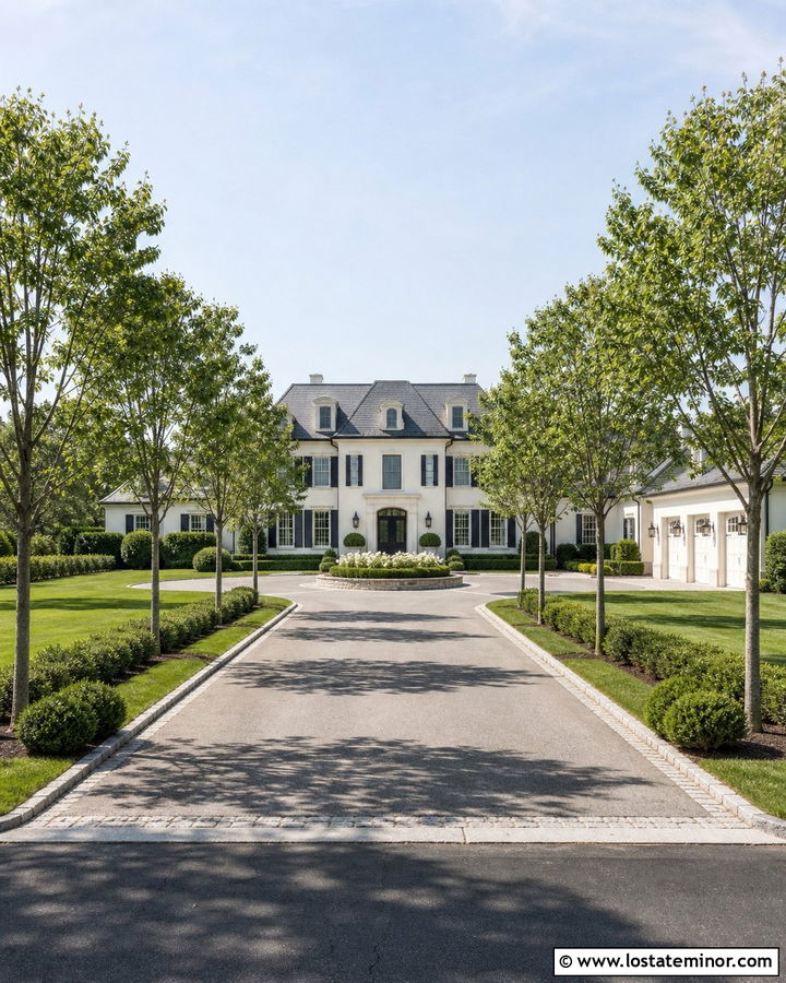 White Estate House With Long Tree Lined Driveway - 30 White House Design With Driveway Ideas