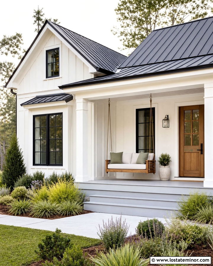 White Farmhouse Porch With Hanging Daybed - 30 White House Design With Daybed Ideas