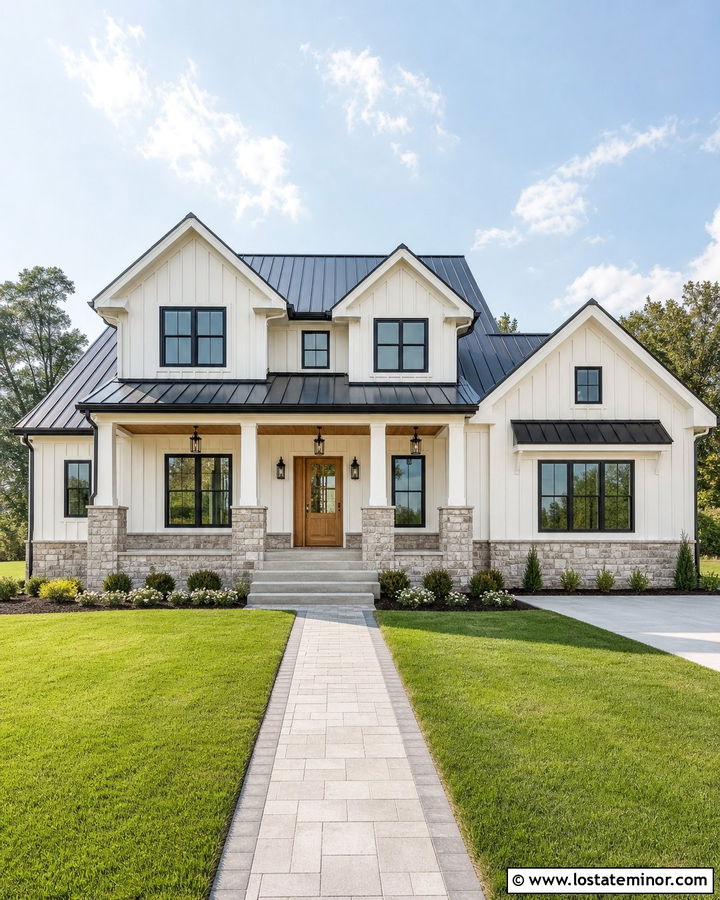 White Farmhouse Siding And Stone Skirt - 30 Stone House Design With Siding Ideas