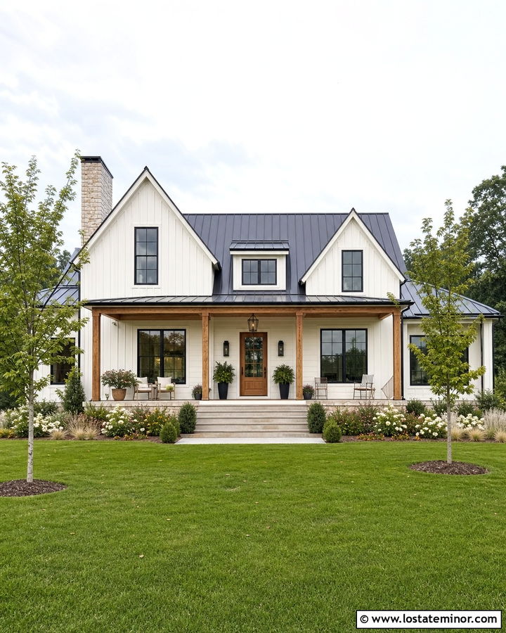 White Farmhouse Siding With A Metal Roof - 30 White House Design With Siding Ideas